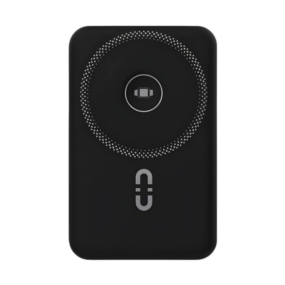 Black Porodo 22.5W MagSafe compatible power bank with matte finish and wireless icon