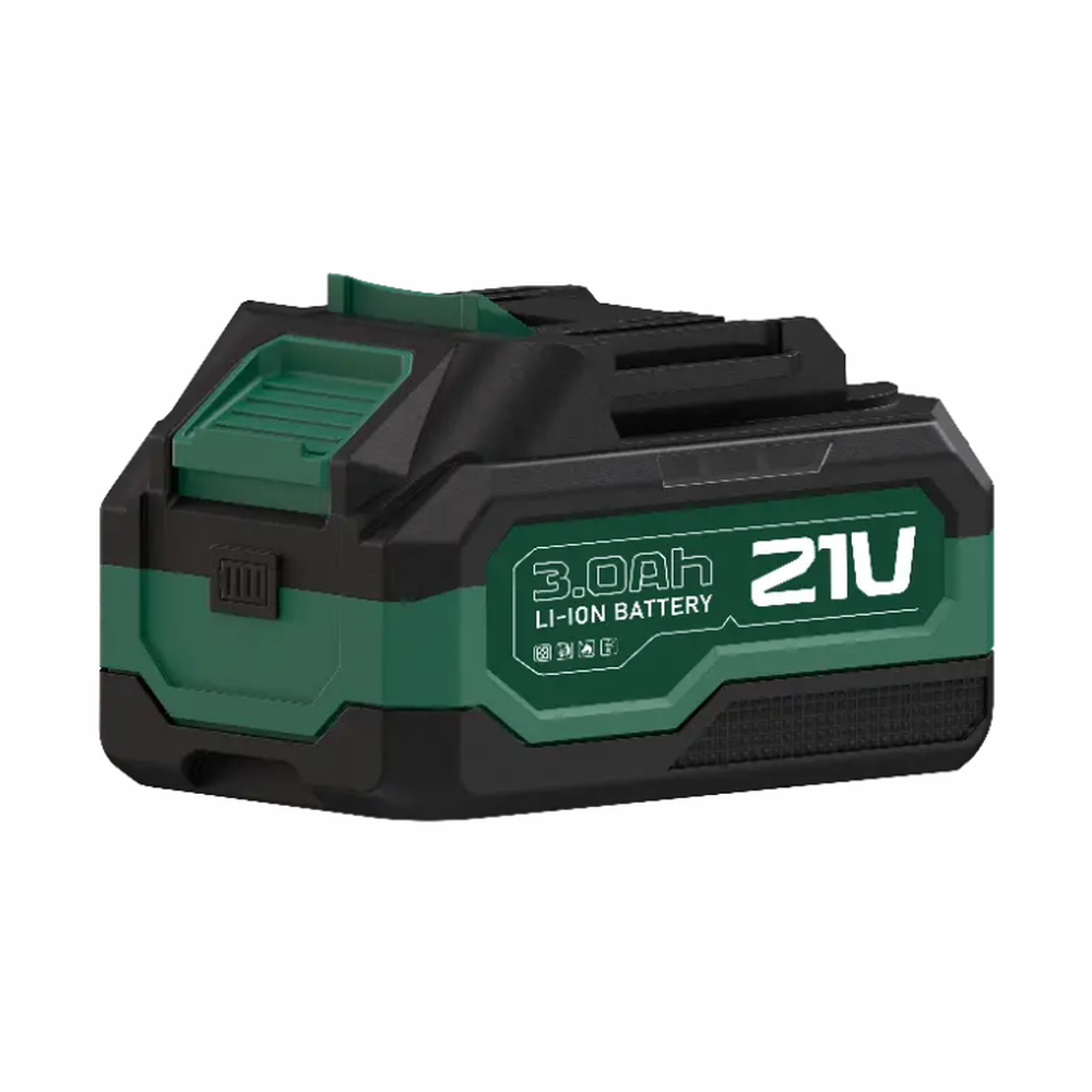 Green Lion 21V 3.0Ah Li-ion battery pack with textured grip and latch