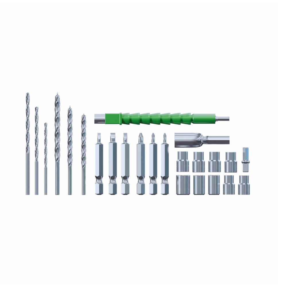 24-piece Green Lion hammer drill accessory kit with metal bits and adapters