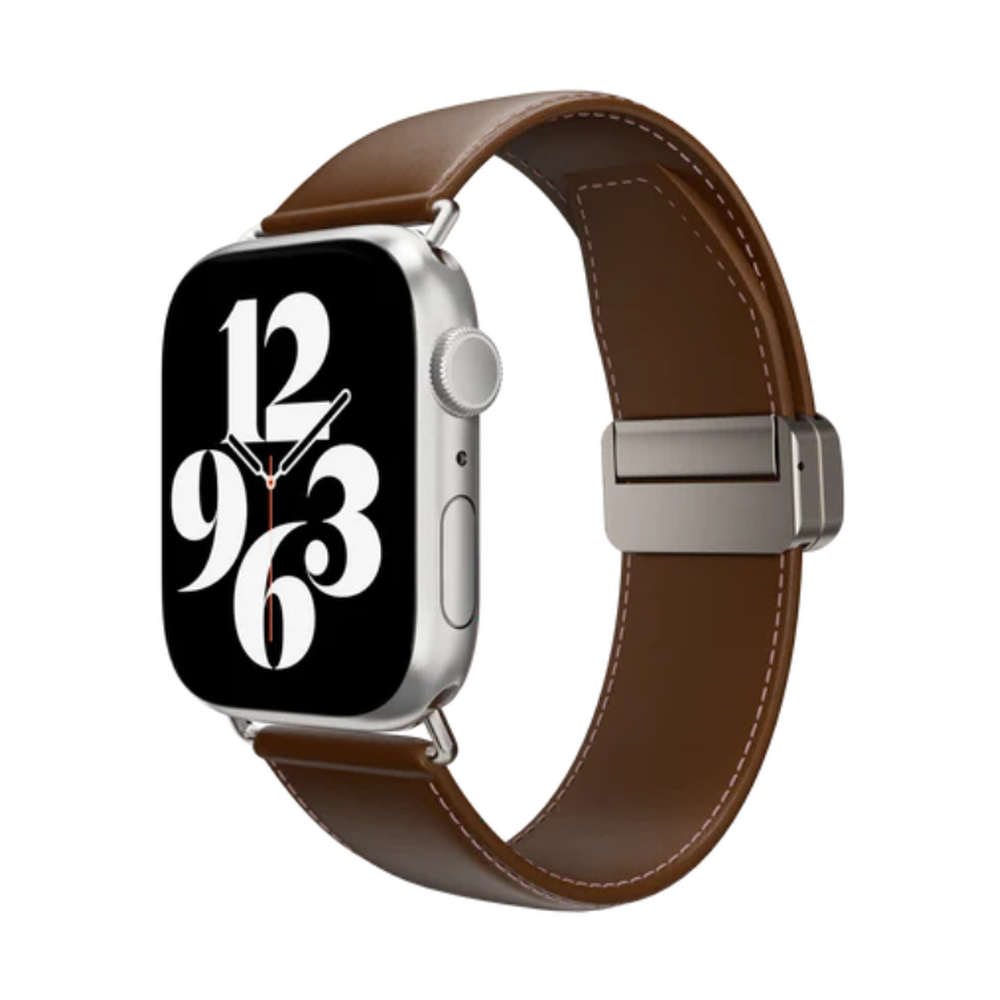 Side view of brown leather Apple Watch band with open magnetic clasp