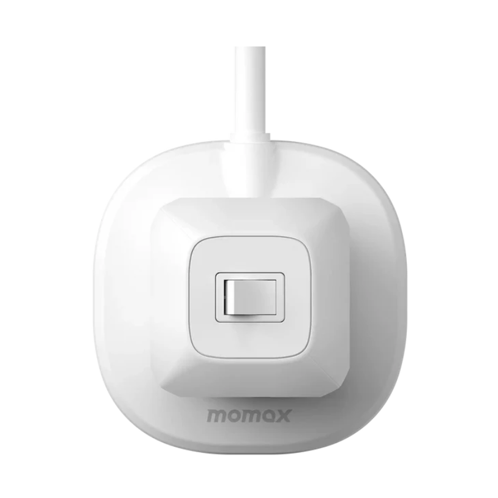 White Momax wall-mounted power strip with central toggle switch and 7 outlets