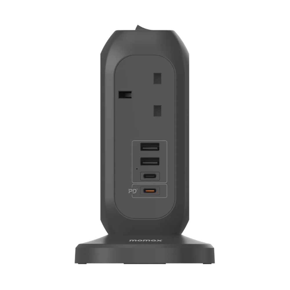 Back view of dark gray Momax power stripe showing rear AC and USB-C PD ports