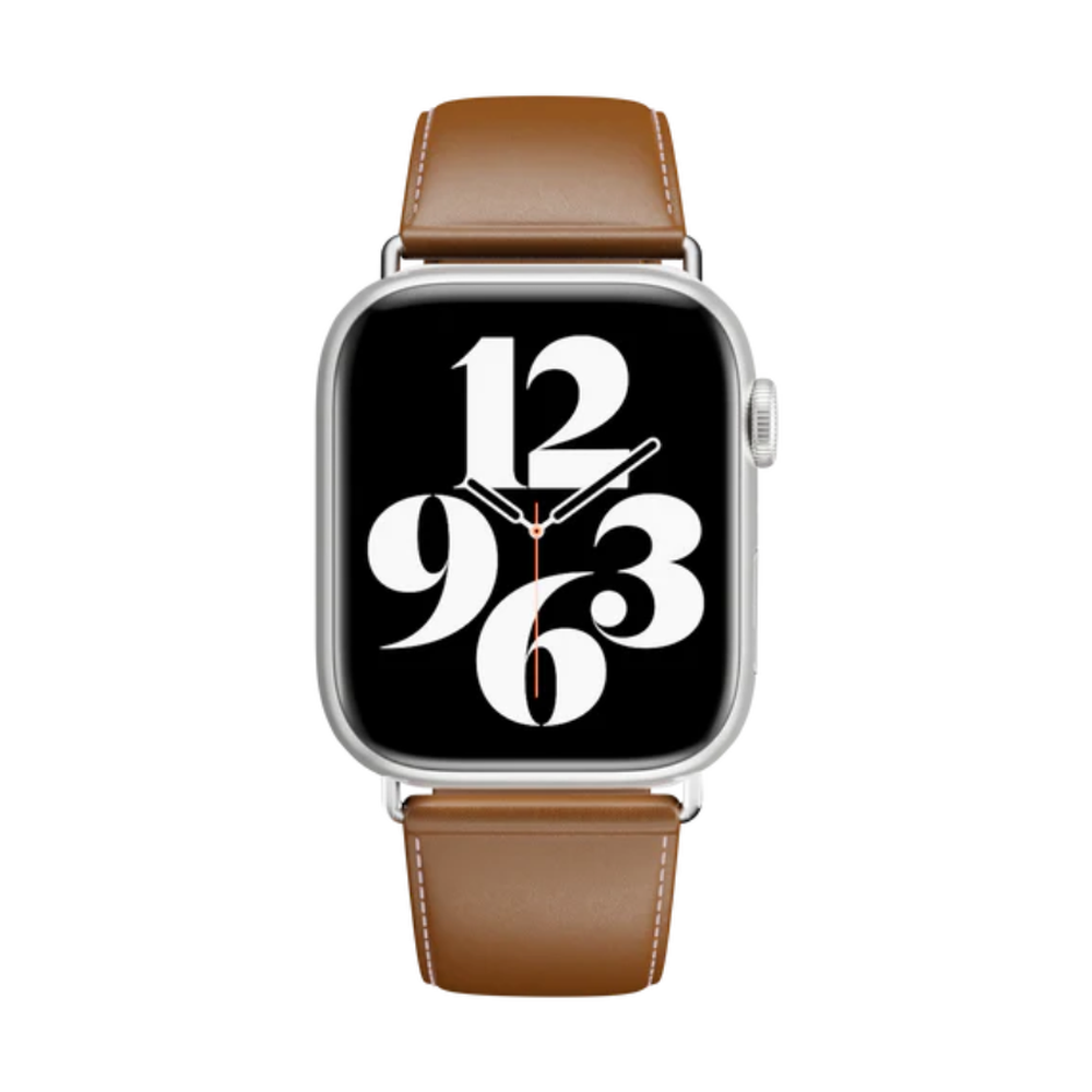 Tan leather Apple Watch band with white stitching and silver magnetic clasp