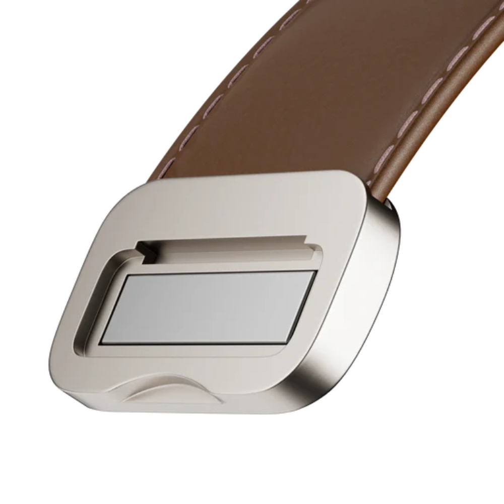 Brown leather Apple Watch band close-up showing brushed metal clasp