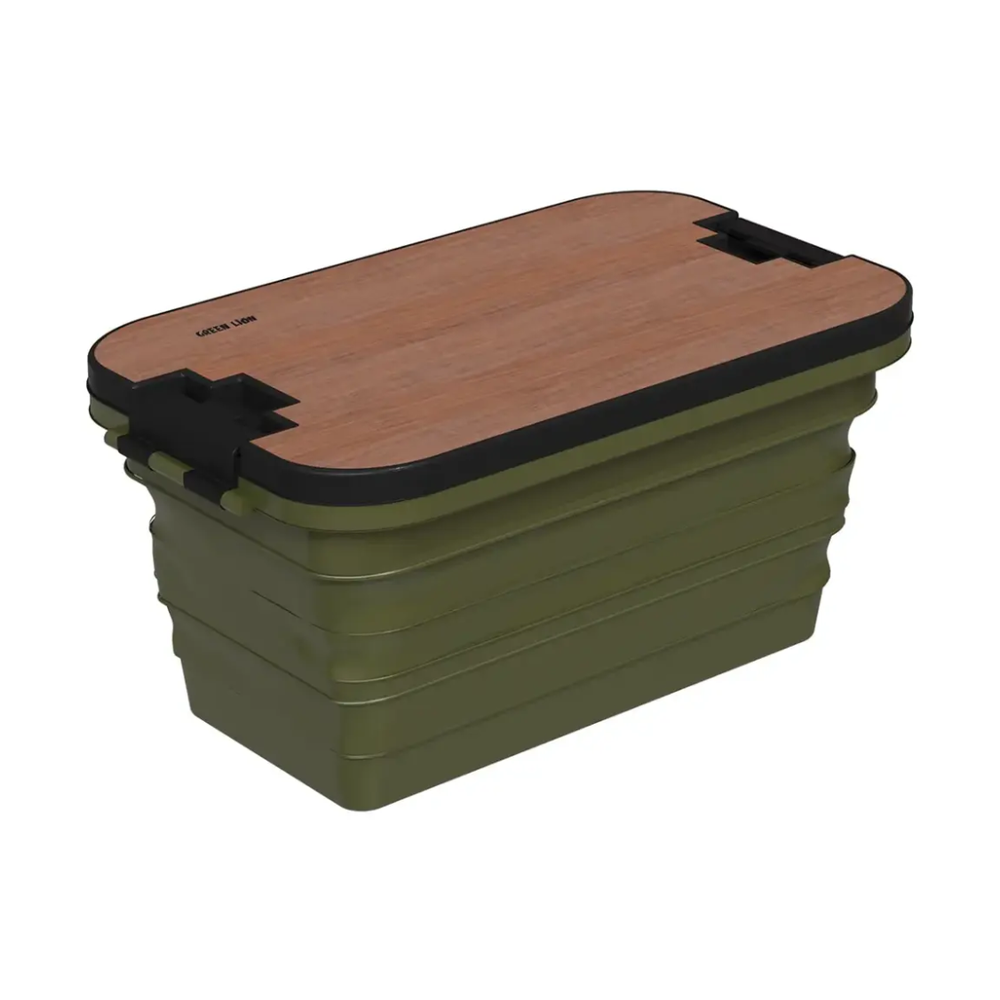 Folded Green Lion storage basket with wood-textured lid and black latches