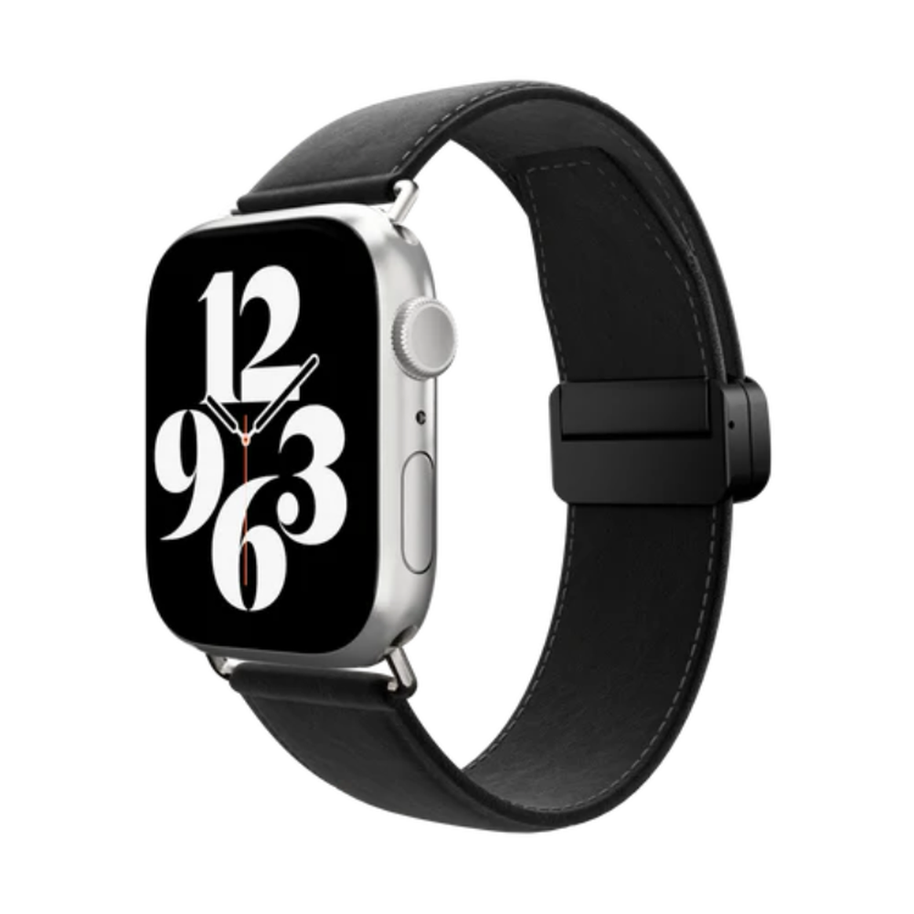 Black genuine calfskin Apple Watch band with magnetic clasp and white stitching