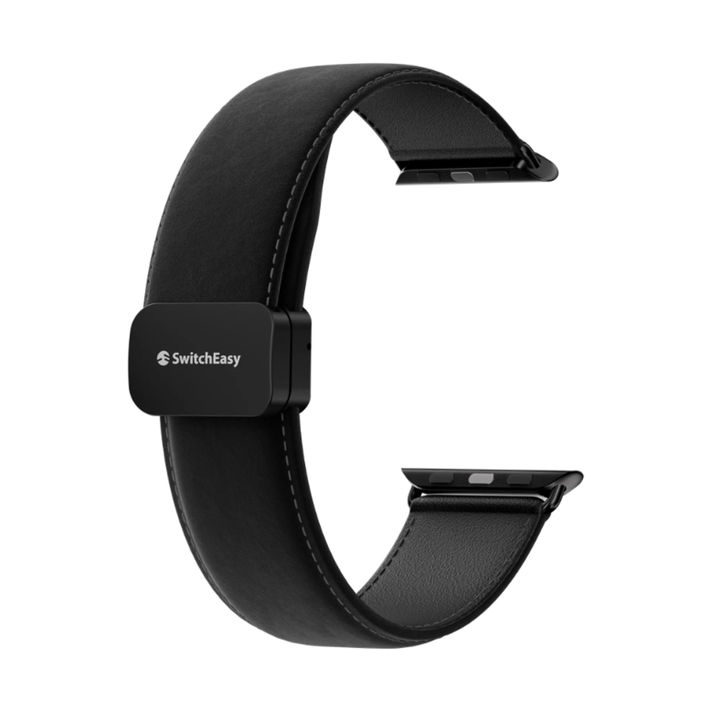 Black leather Apple Watch band with open magnetic clasp and textured grain