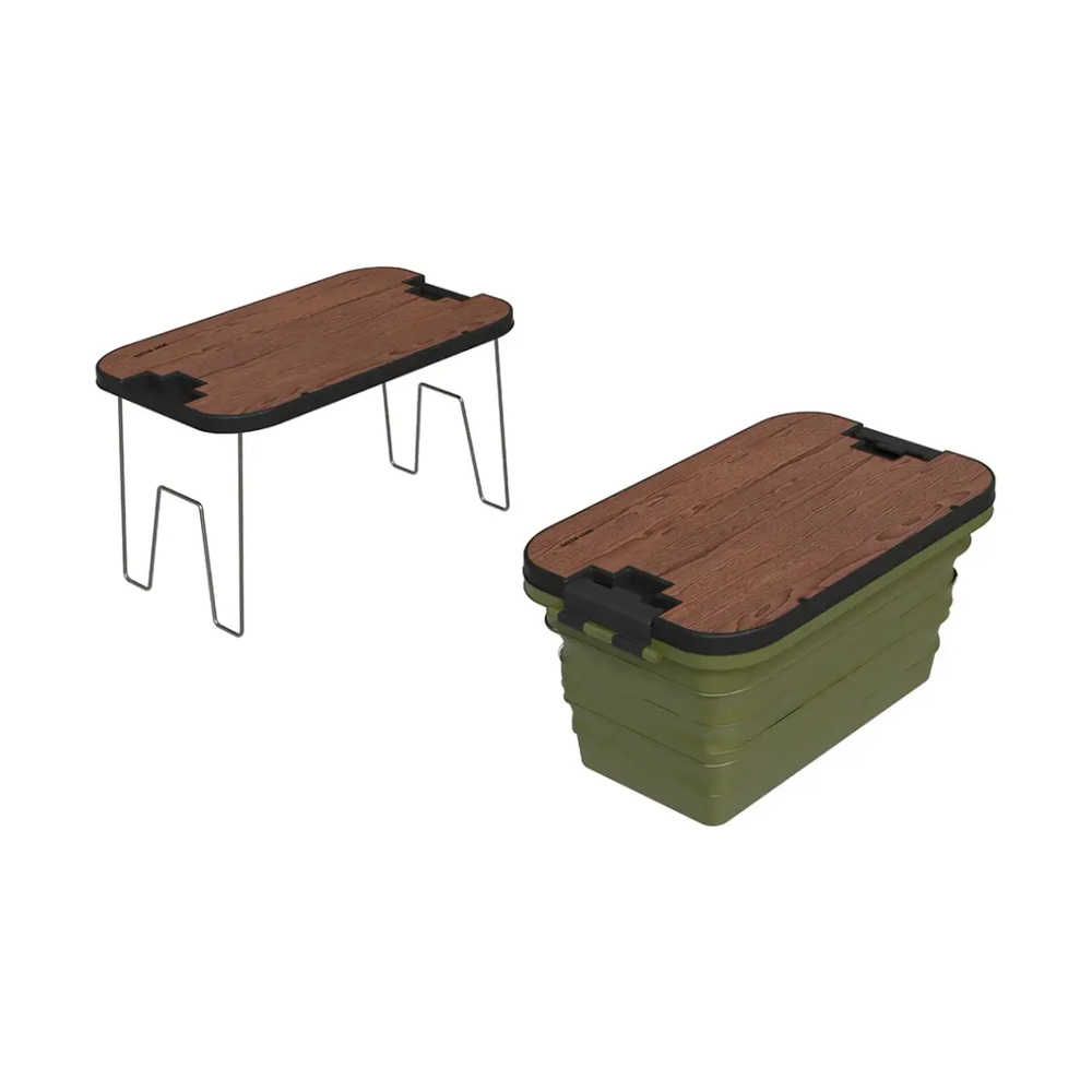Green Lion foldable basket table with wood-grain lid and accordion frame