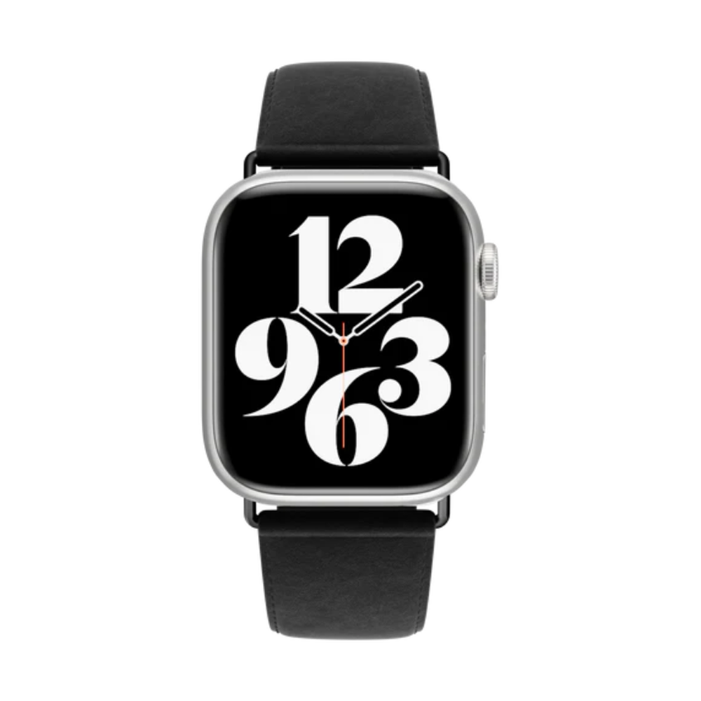 Black classic leather Apple Watch band with visible edge stitching detail