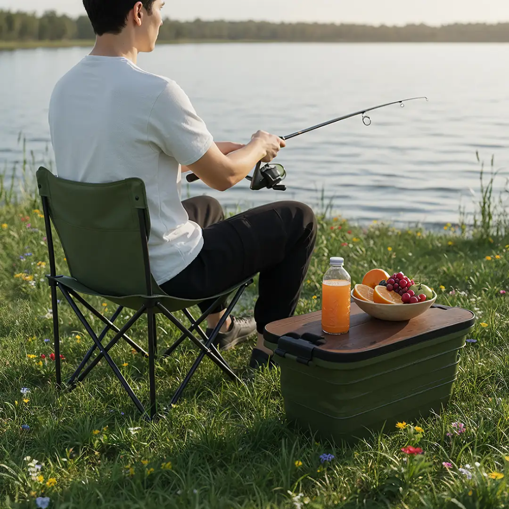 Green collapsible picnic basket used as outdoor table for fruit and drinks