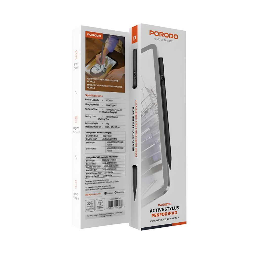 Porodo magnetic iPad stylus box with orange accents and transparent window showing black pen