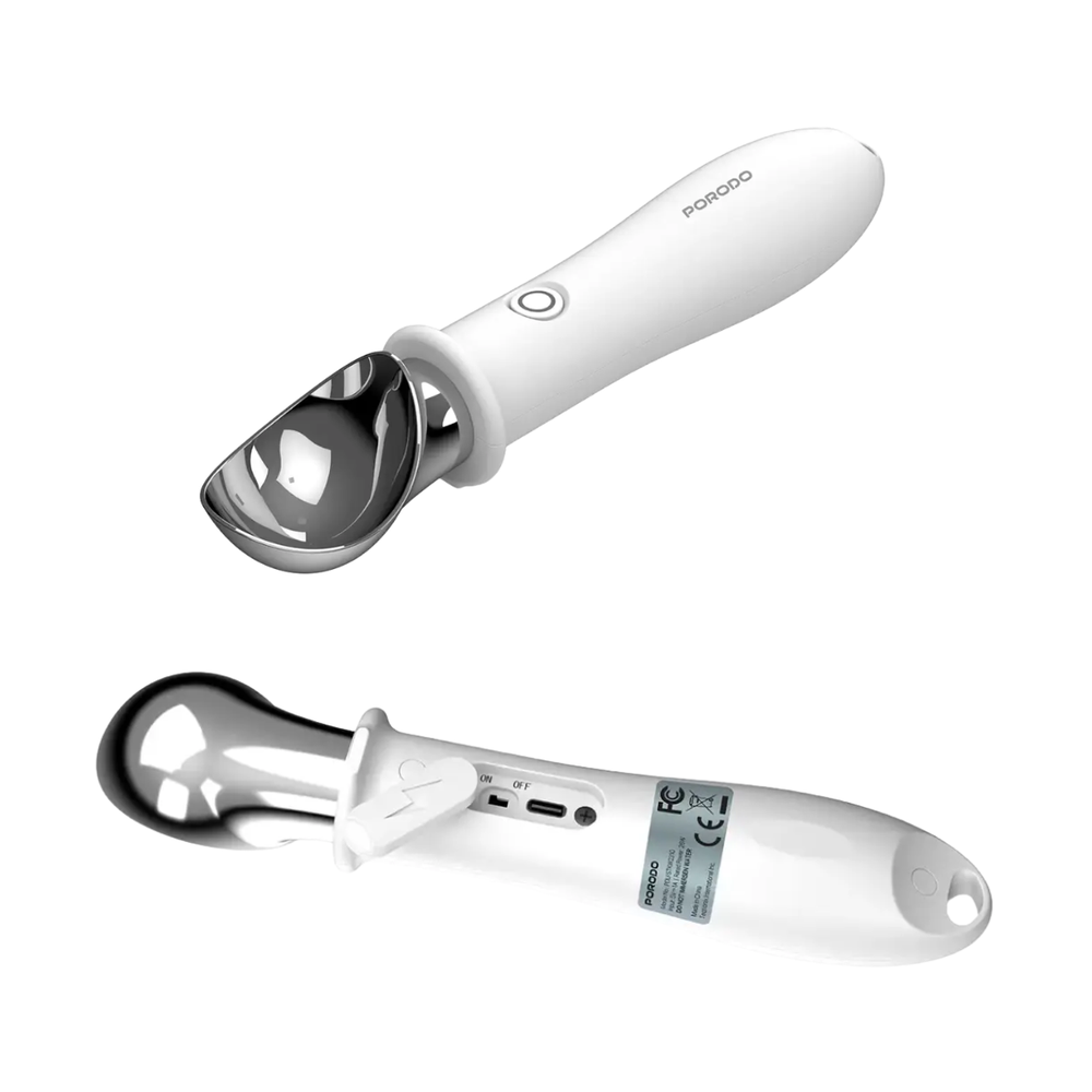 Porodo electric ice cream scoop showing USB-C charging port and safety switch lock underside