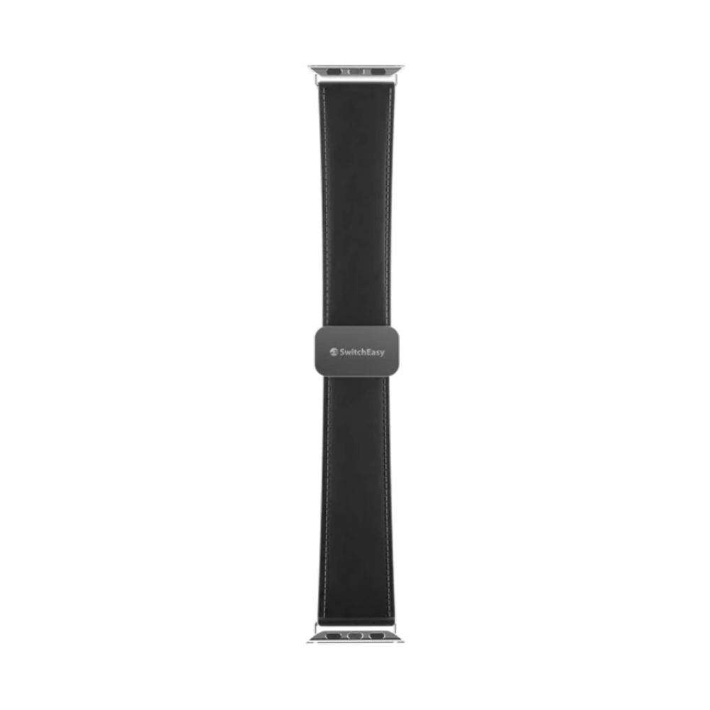 Black SwitchEasy leather Apple Watch band with white stitching and logo