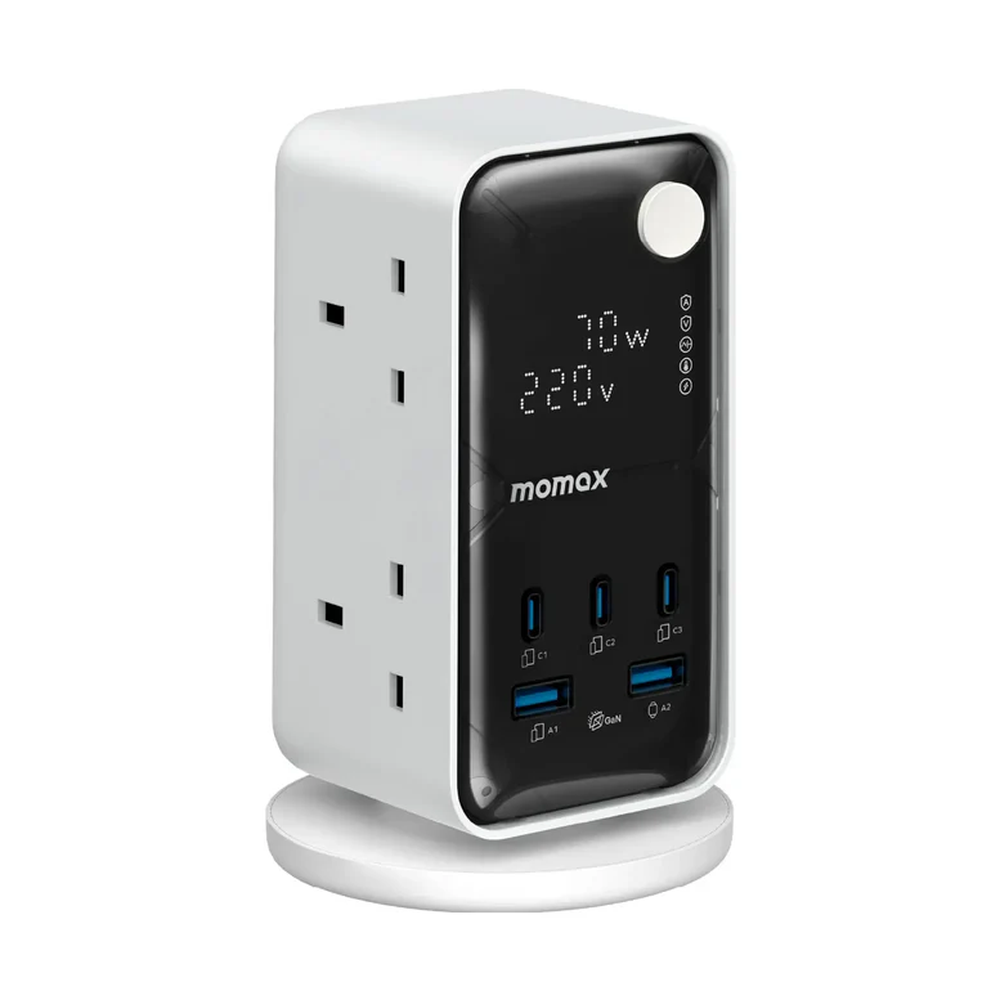 White Momax 6-outlet power tower with black panel and 70W USB-C ports