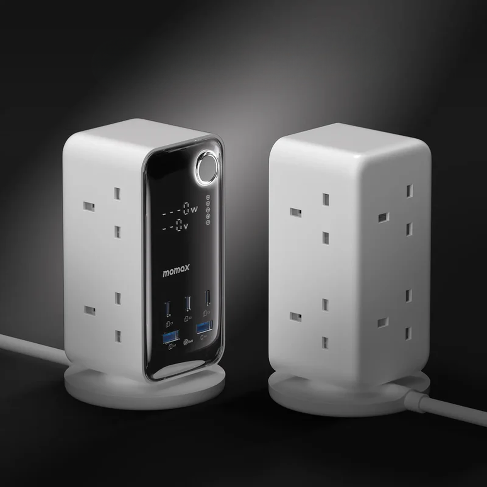 Side view of white Momax power tower showing six UK AC outlets and front USB ports
