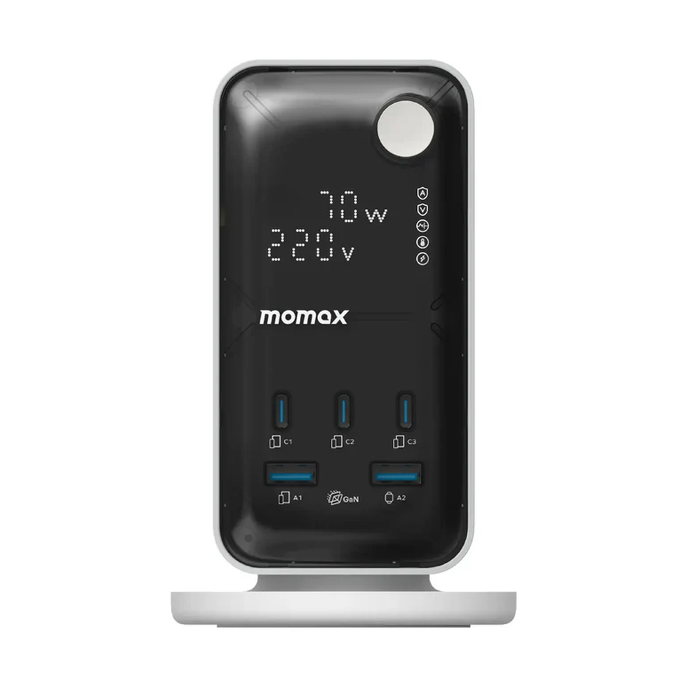 Front view of Momax 70W GaN power tower with real-time voltage display