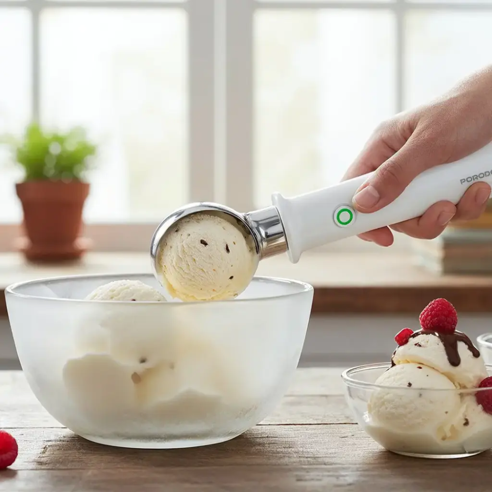 Porodo white rechargeable electric ice cream scoop with stainless steel bowl scooping vanilla chocolate chip