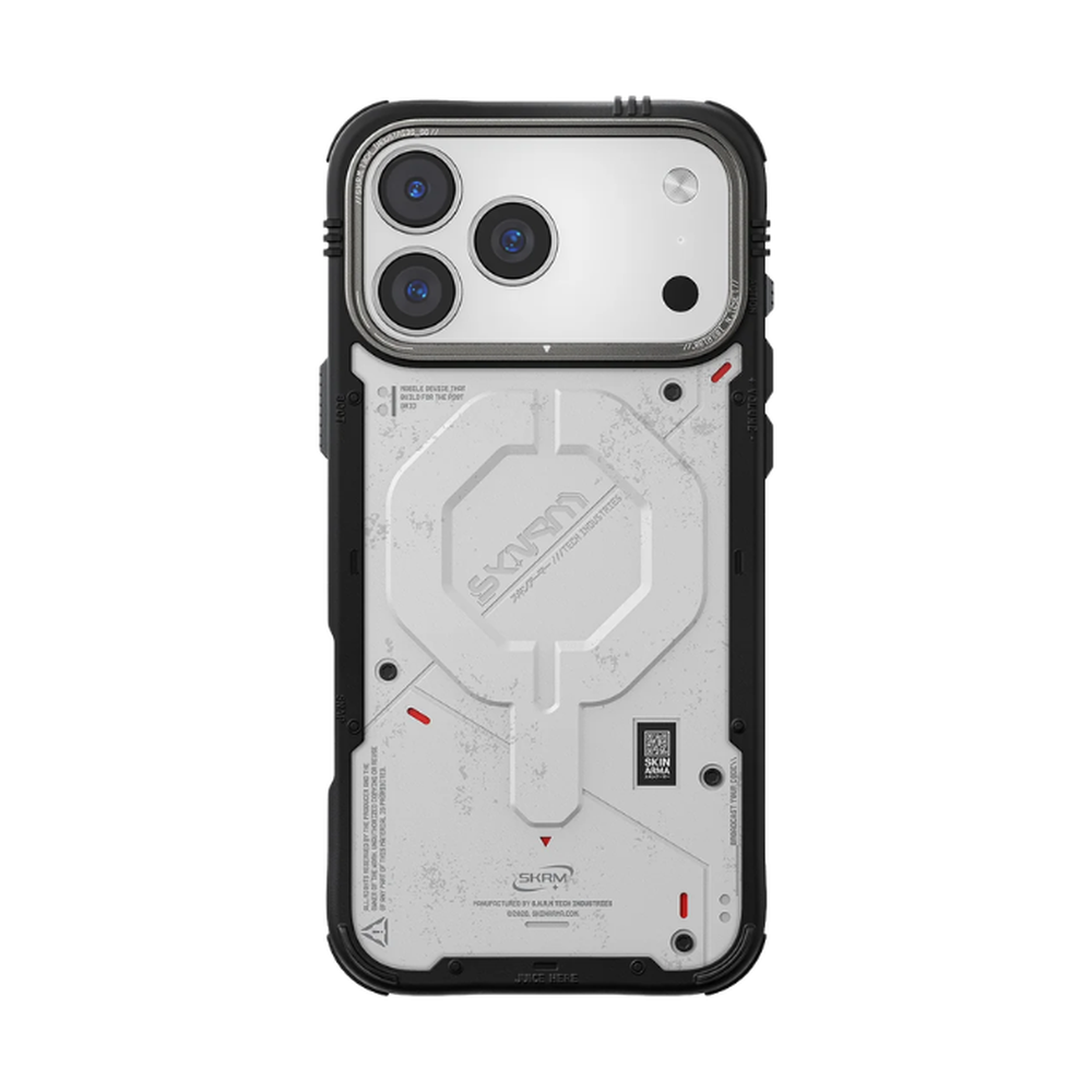 Black and white Skinarma rugged iPhone 17 Pro Max case with textured back and magnetic ring