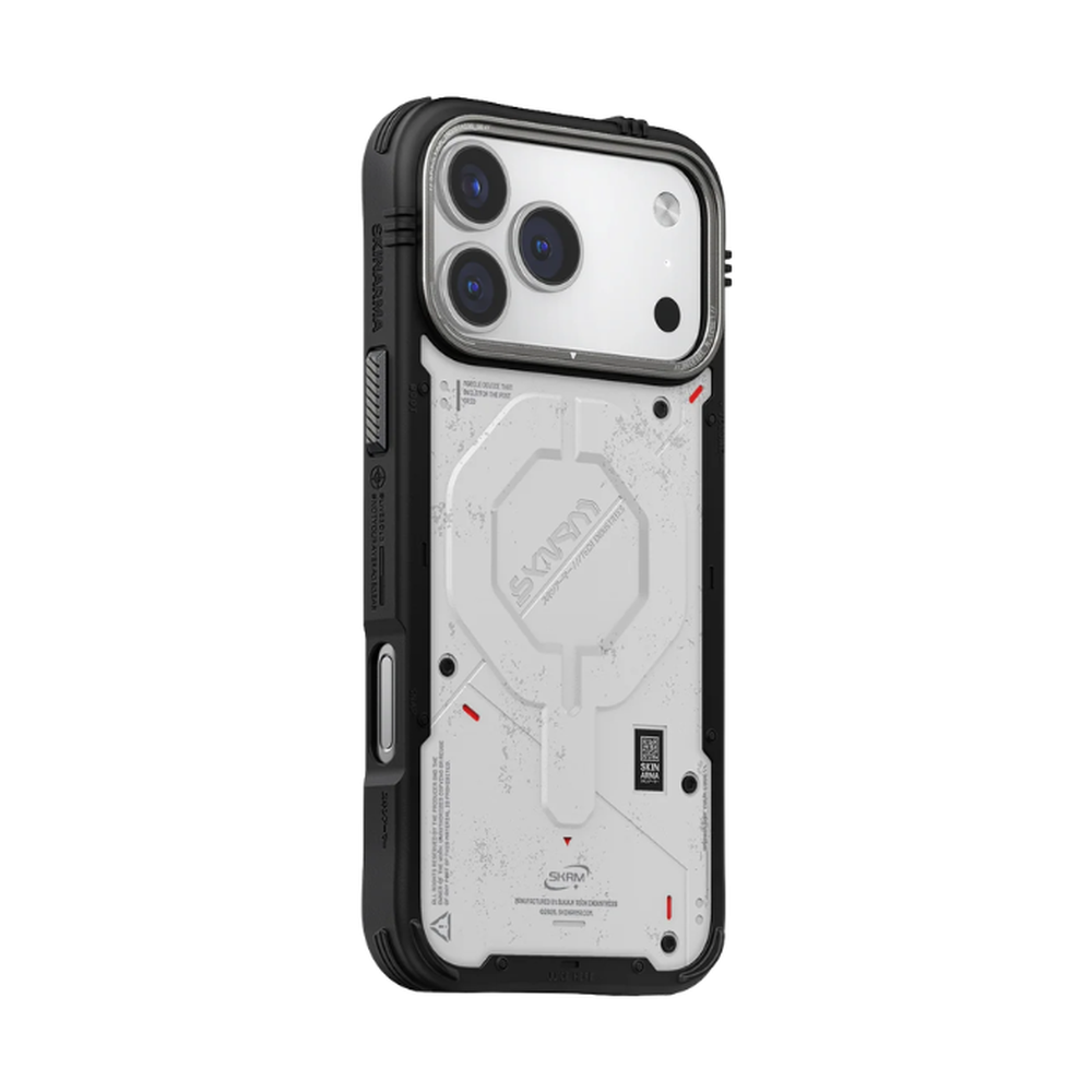 Side view of black rugged bumper on white Skinarma iPhone 17 Pro Max case showing button covers