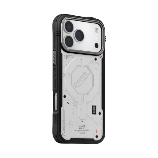 Side view of black rugged bumper on white Skinarma iPhone 17 Pro Max case showing button covers