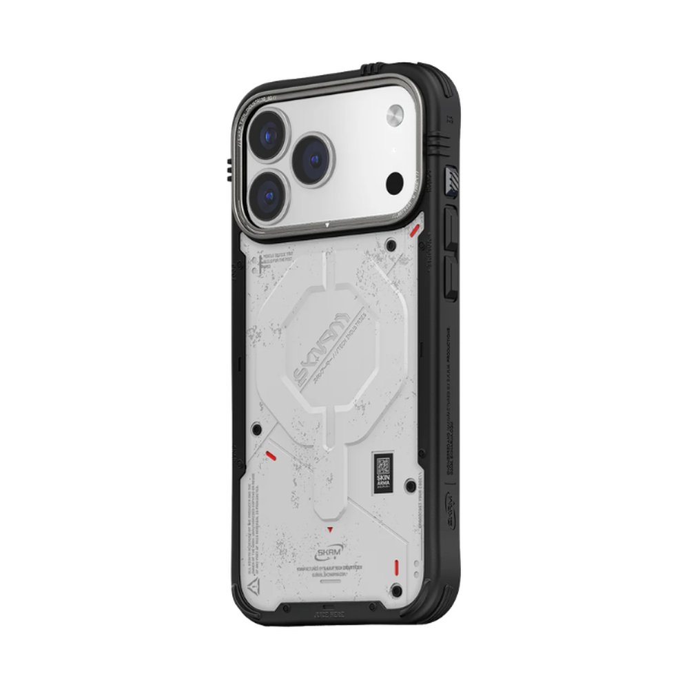 Angled side profile of thick protective Skinarma iPhone 17 Pro Max case with reinforced corners