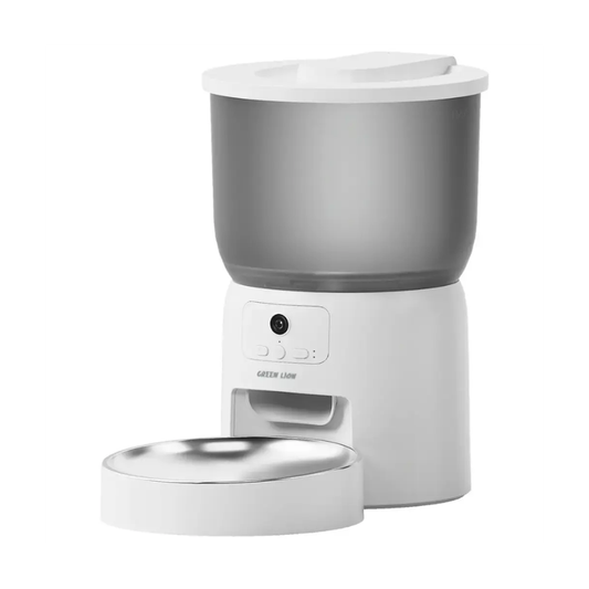 Side view of white Green Lion smart feeder showing translucent gray 3L food container