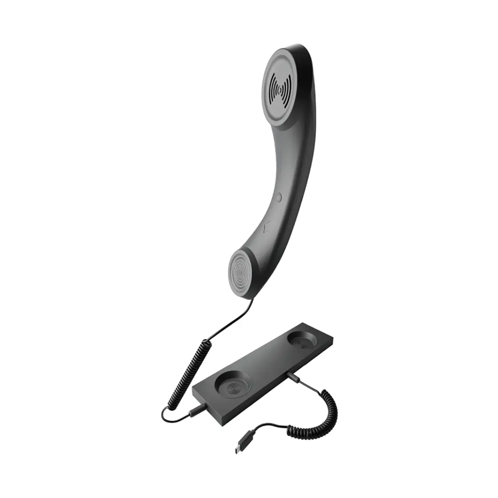 Black Porodo retro handset with ergonomic curve and 28mm speaker grille detail