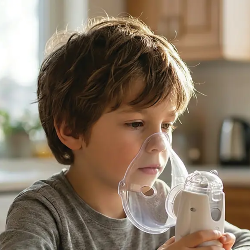 Child using white Porodo portable nebulizer with face mask for home travel