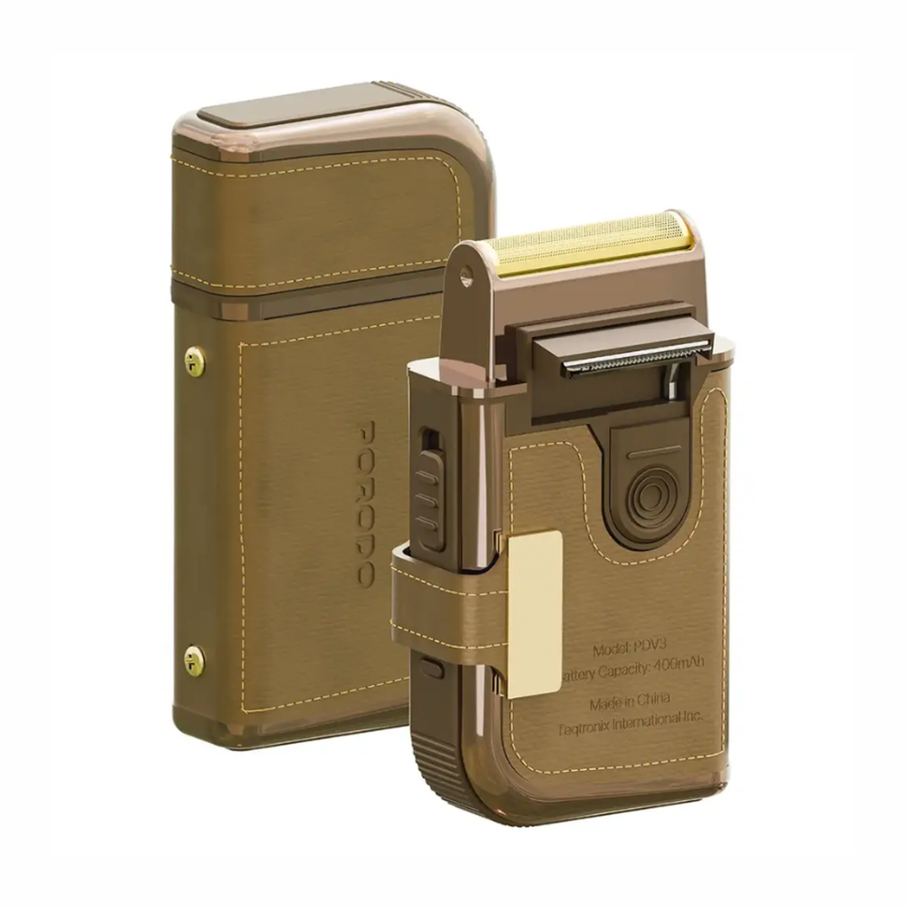 Porodo PDV3 travel shaver case closed and open showing 3-in-1 design