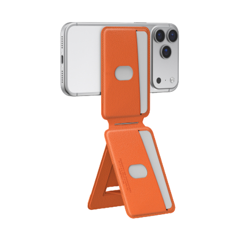 Orange foldable tripod card holder supporting silver smartphone in landscape mode