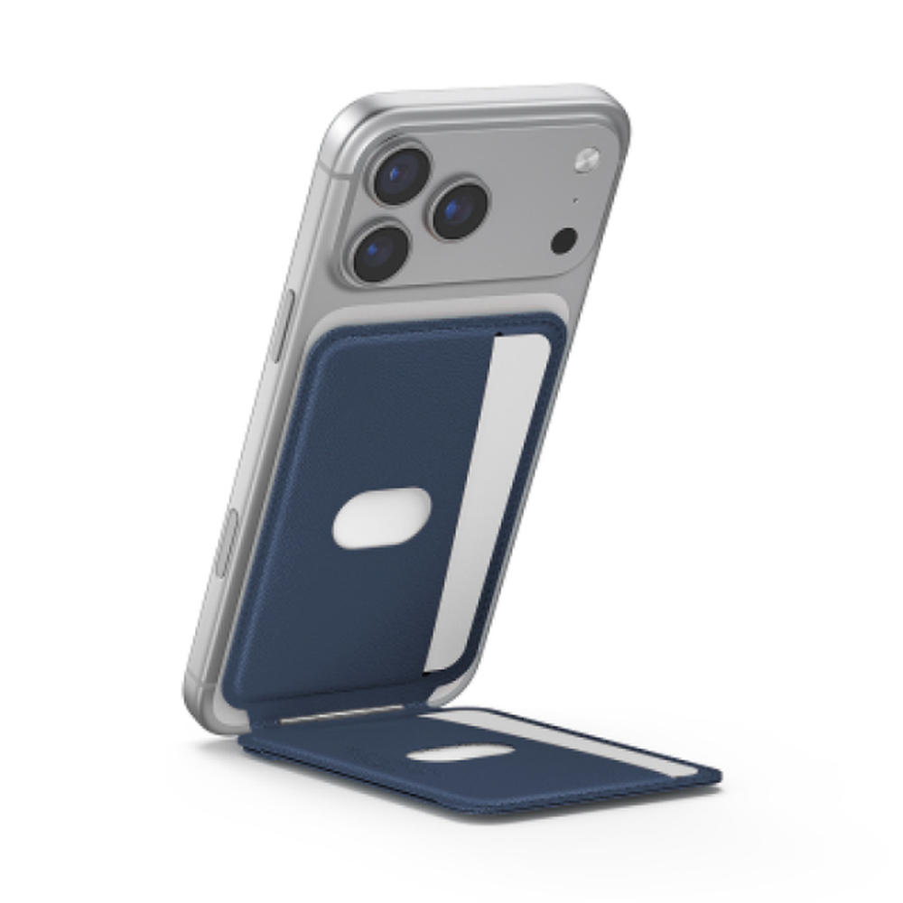 Navy blue Skinarma tripod stand holding silver smartphone at adjustable angle