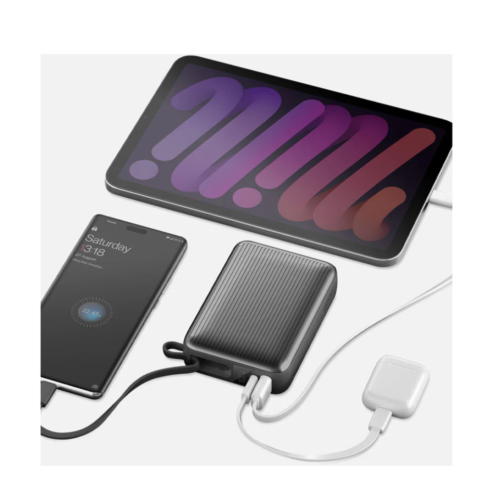 Energea 45W Power Bank with integrated USB-C cables charging tablet and smartphone