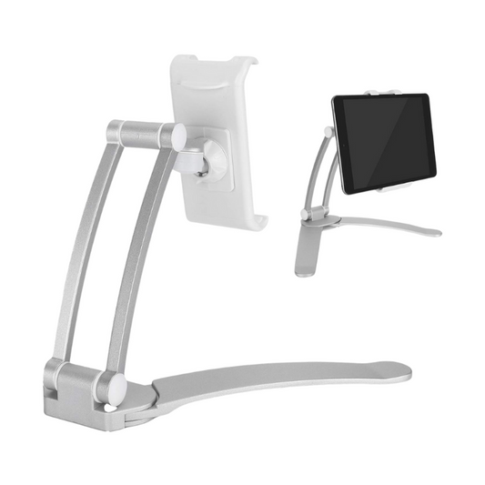 Silver tablet stand front and side view with mounted device