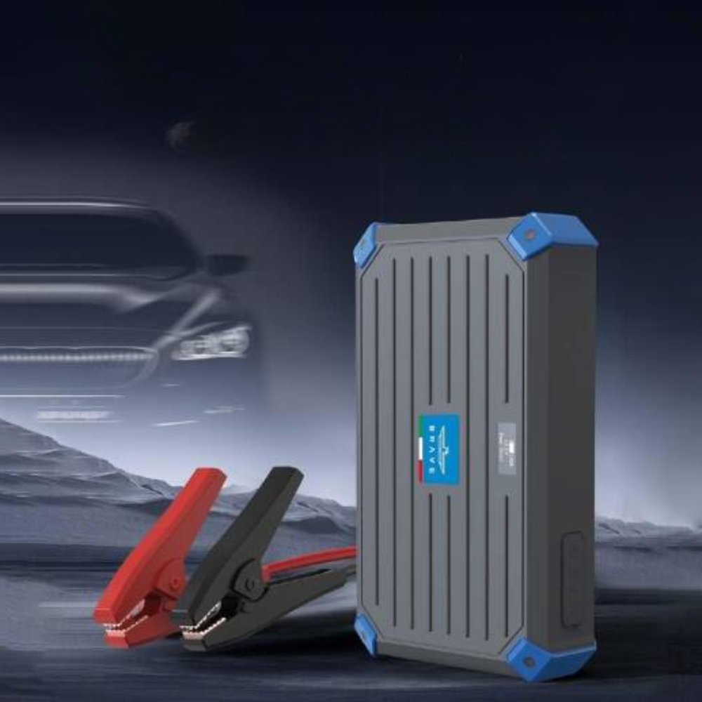 Brave super capacitor jump starter with rugged gray design and blue reinforced corners