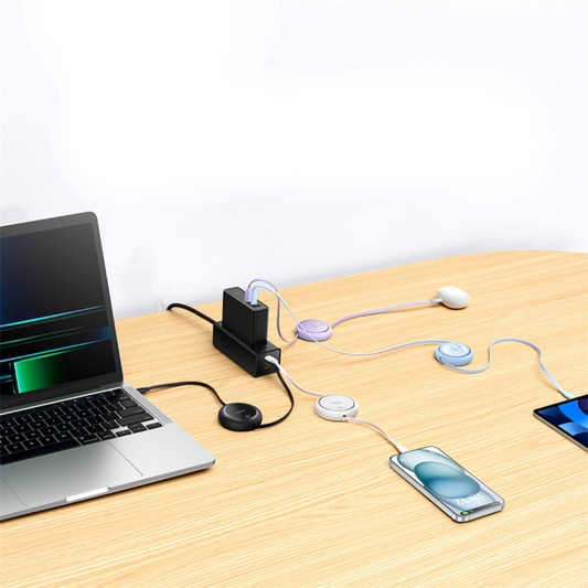 White Baseus retractable USB-C cable charging smartphone on desk