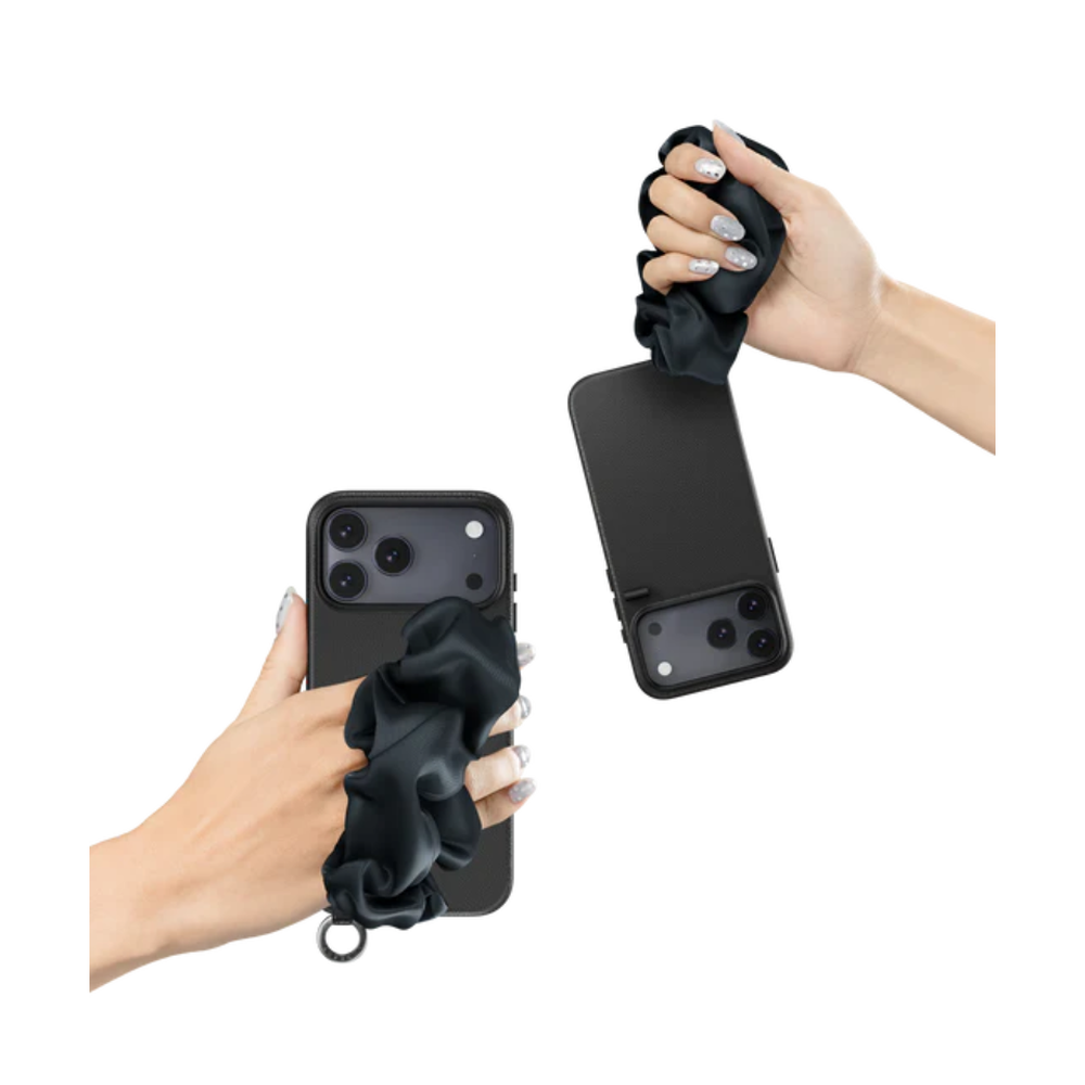 Black dual-use scarf phone case worn as finger holder with detachable strap
