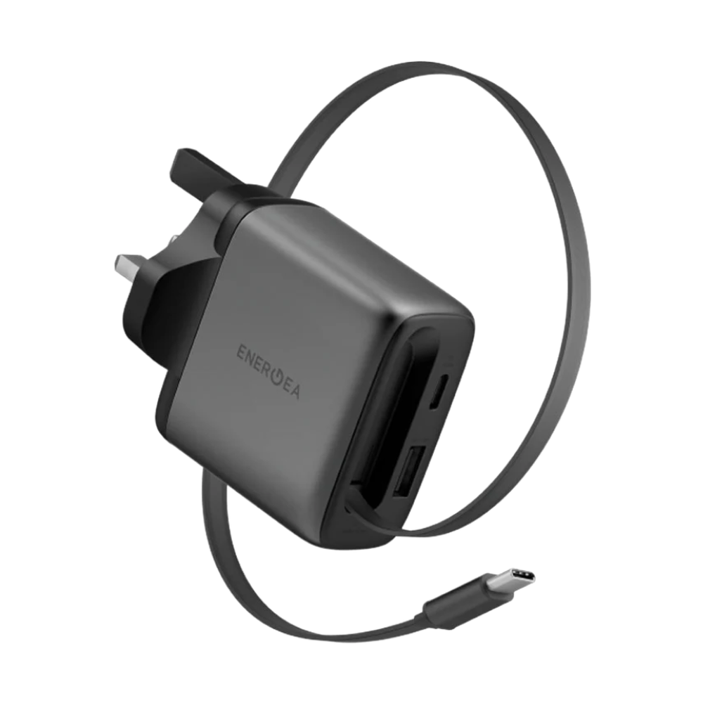 Energea UK plug 65W GaN charger with coiled retractable USB-C cable
