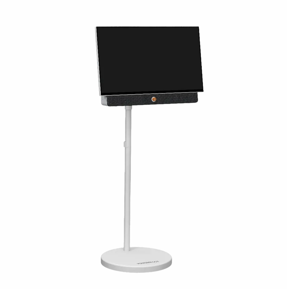 White wheeled TV cart holding flat screen with soundbar for office use