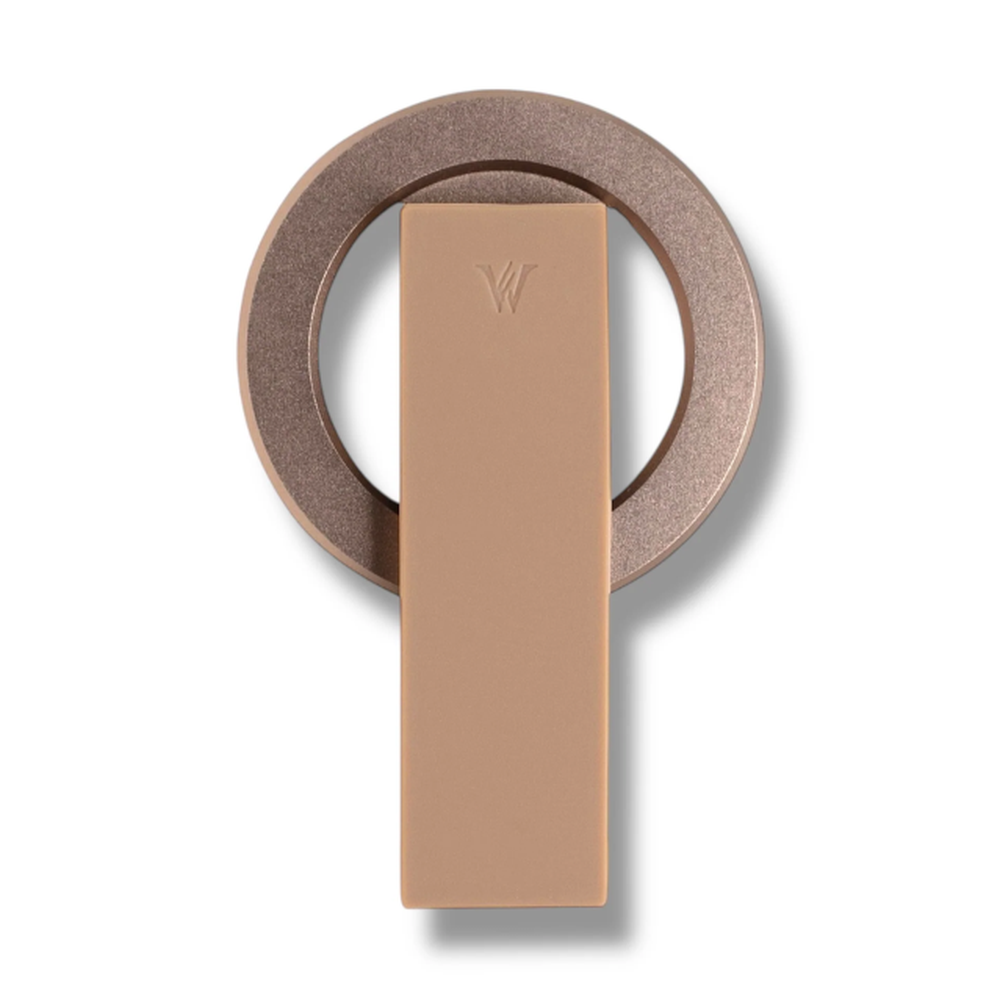 Rose gold textured magnetic ring stand with beige grip for hands-free phone viewing
