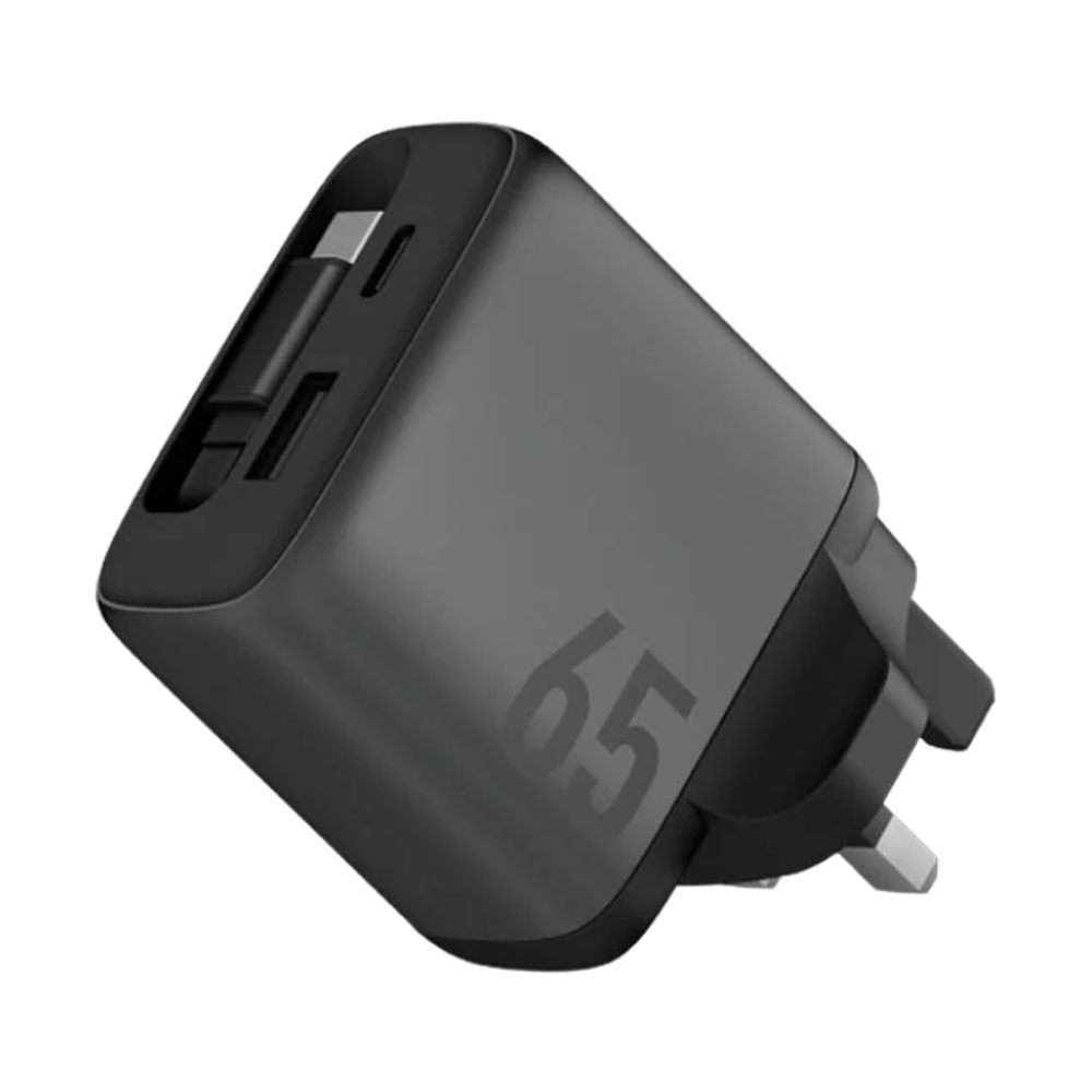 Energea 65W GaN wall charger angled view of UK plug and matte finish