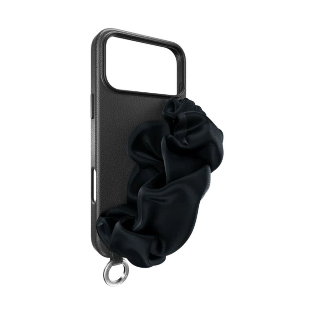 Black side-profile phone case with ruched strap and visible camera cutout