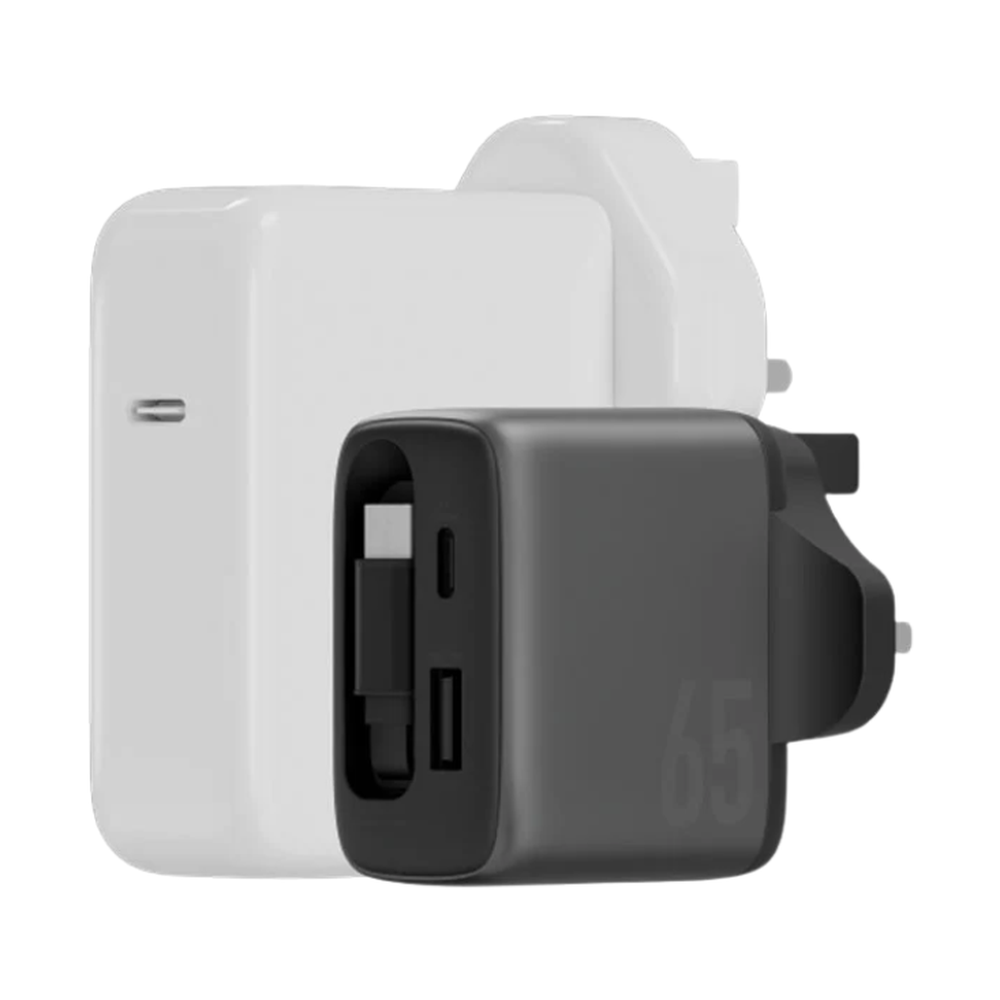 Black and white Energea 65W GaN chargers side by side showing port layout