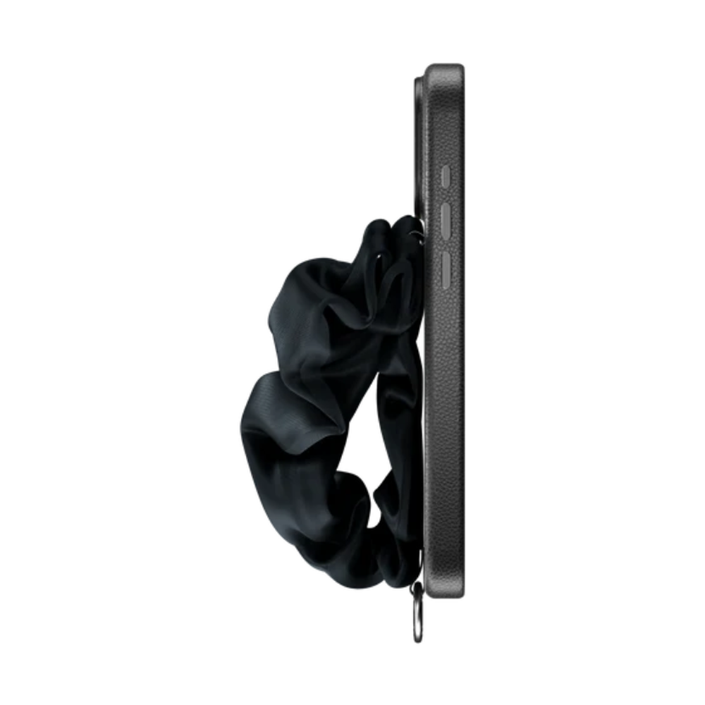 Side view of black iPhone case with ruched fabric strap and silver ring detail