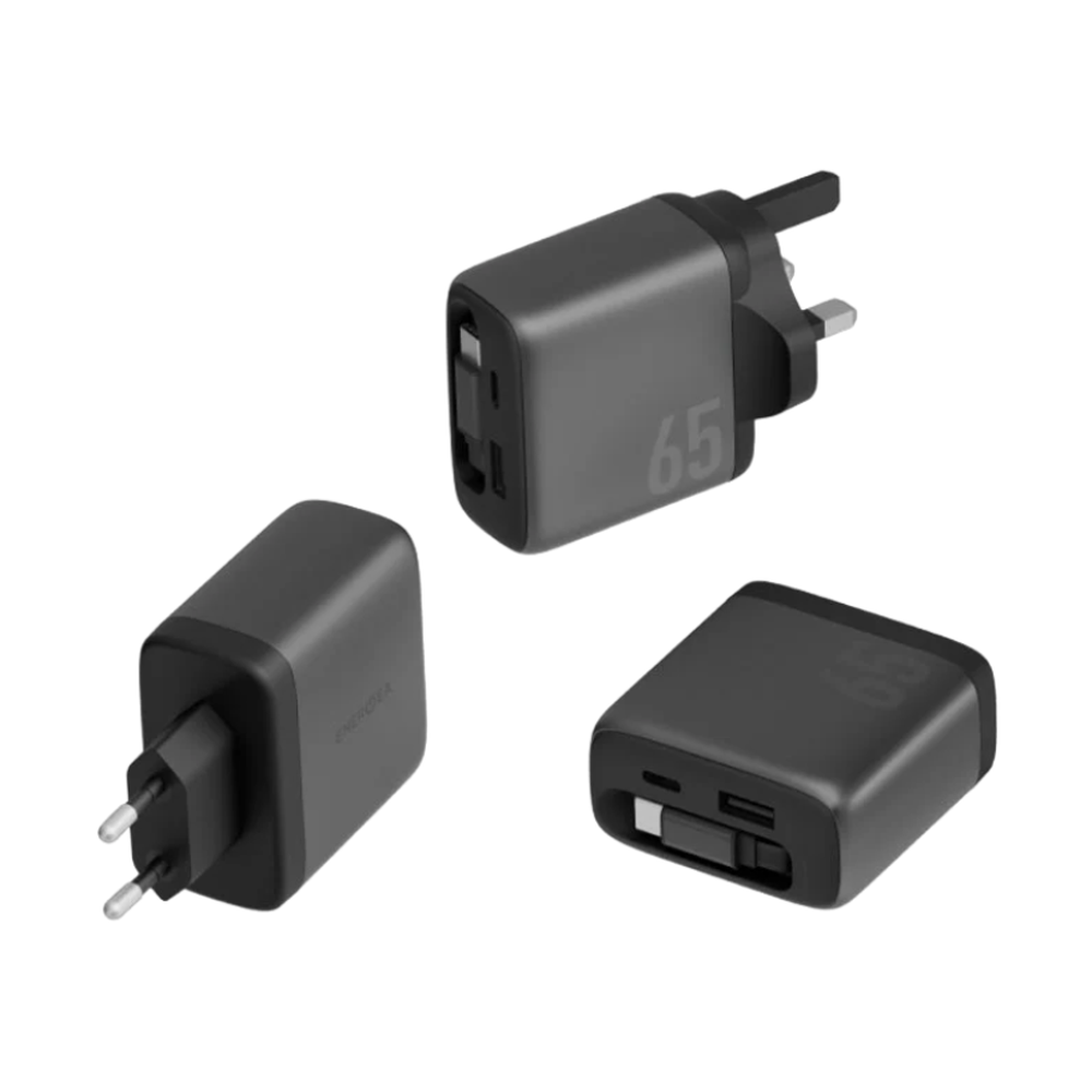 Energea 65W GaN charger multi-view showing UK and EU plug adapters