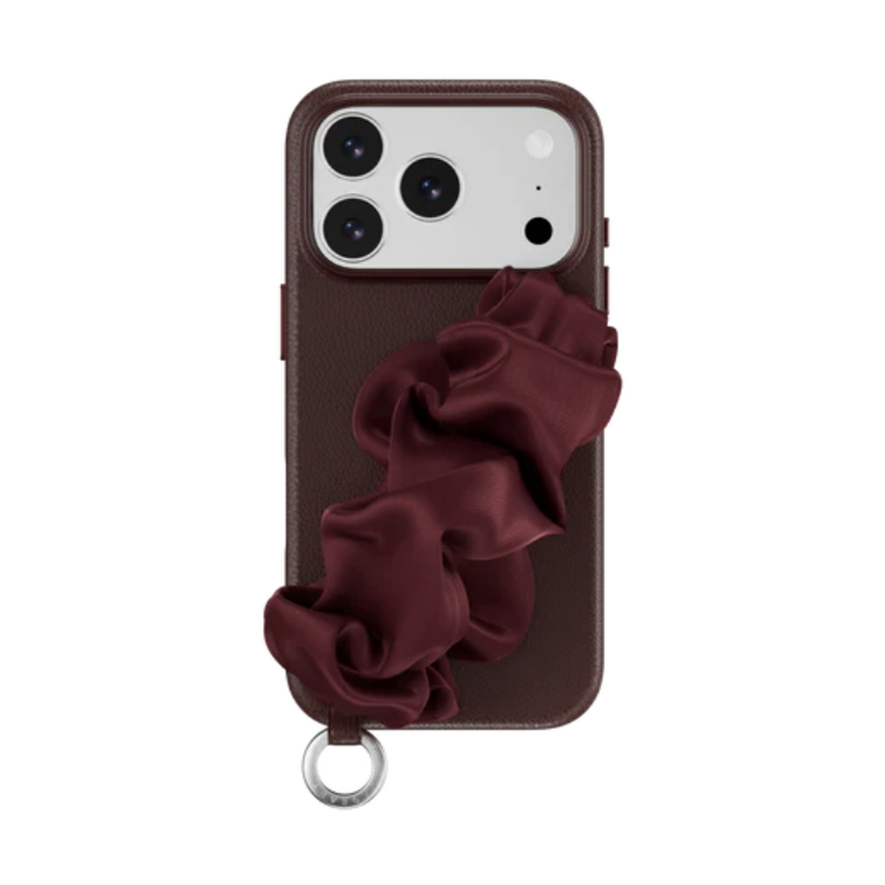 Burgundy silk-inspired iPhone case with ruched fabric strap and metal ring