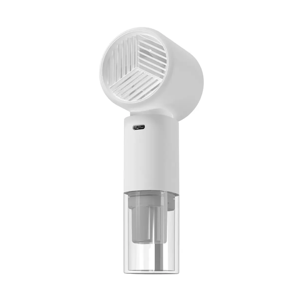 Side profile of white portable fan humidifier highlighting charging port and grille design
