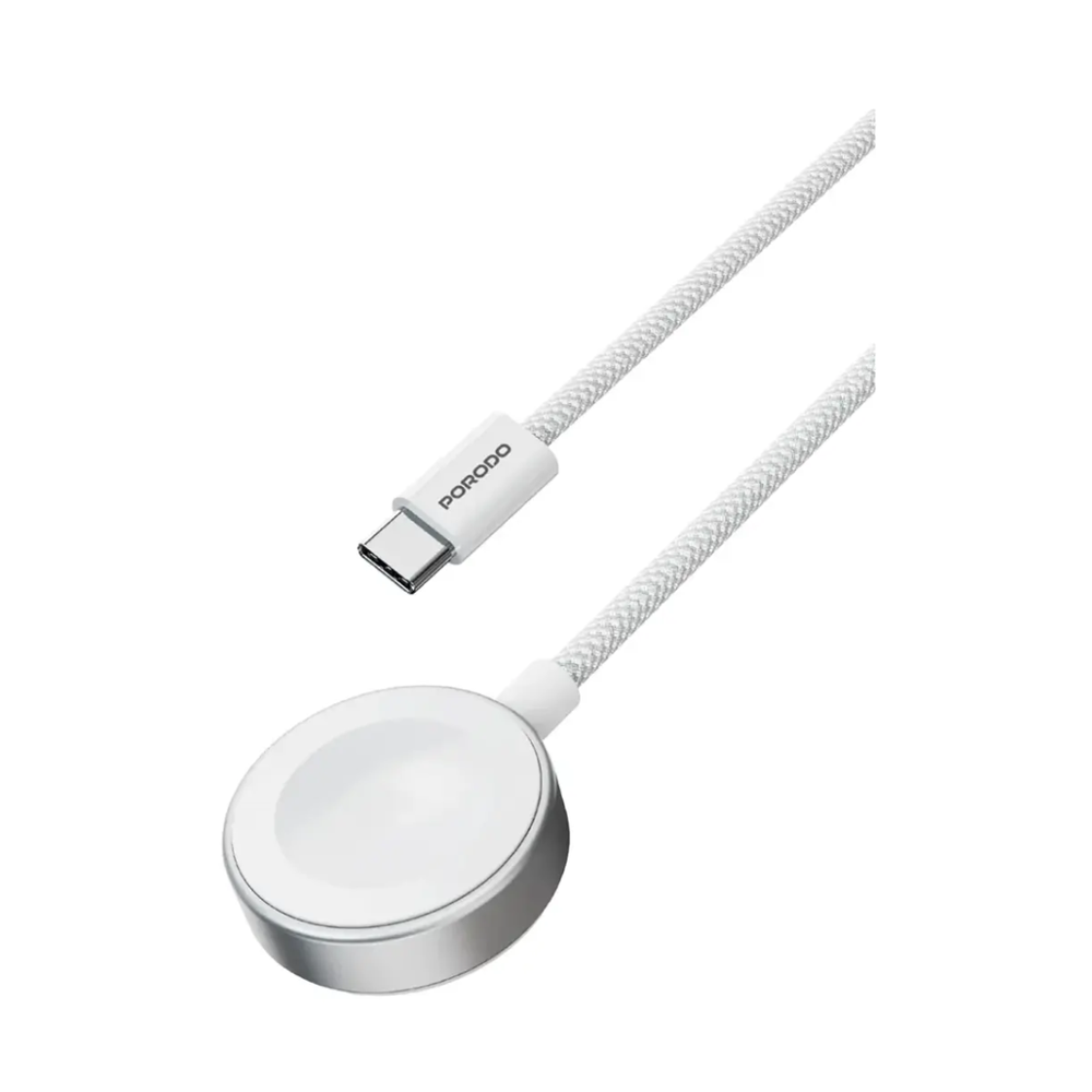 Porodo USB-C magnetic charging pad with white braided cable and silver base