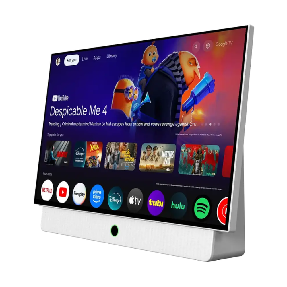 Three-quarter angled view of white portable TV displaying smart TV app icons on stand