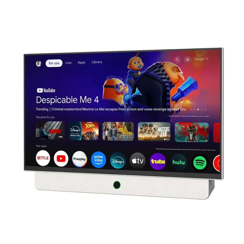 Frontal view of white portable TV on stand showing active YouTube interface and slim bezels