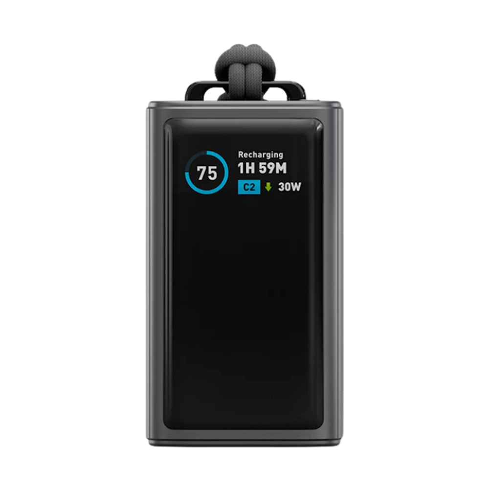 Black Energea 10000mAh power bank showing recharging status on digital screen
